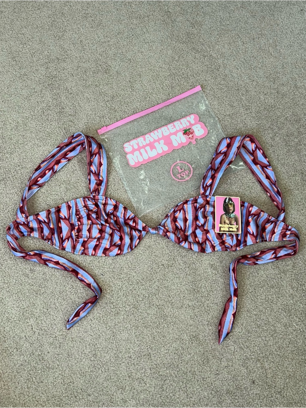 Strawberry Milk Mob Pink & Blue Patterned Triangle Bikini Top